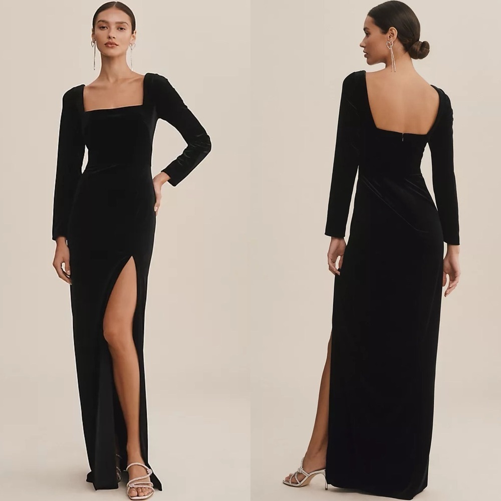 BHLDN JENNY YOO RACHEL SQUARE NECK LONG SLEEVE SIDE SLIT BLACK VELVET MAXI DRESS
